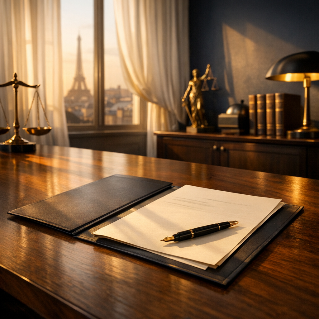 Bureau de cabinet d'avocat parisien avec document juridique et stylo plume, lumière dorée