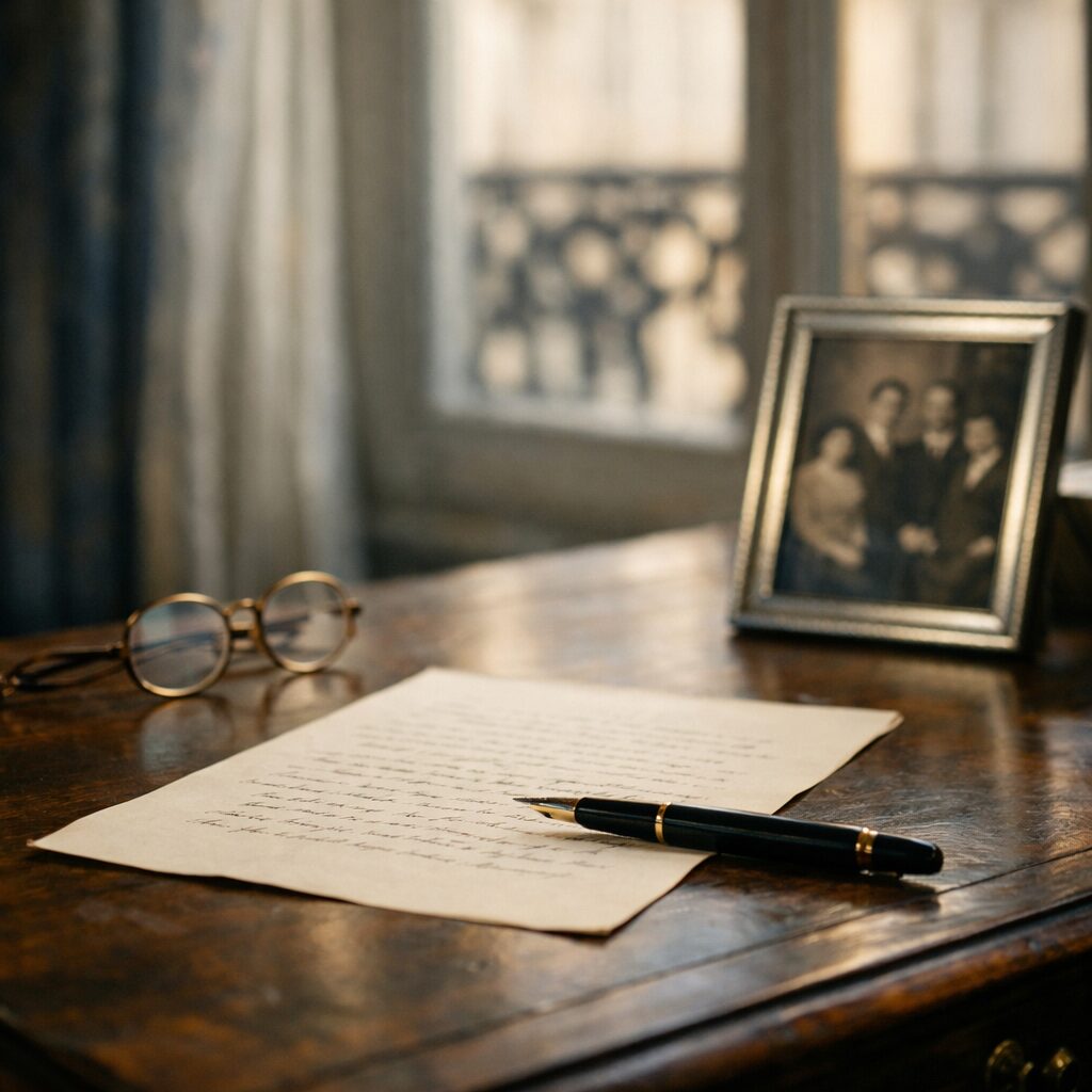 Document manuscrit, lunettes et photographie de famille sur un bureau, illustrant la réserve héréditaire.