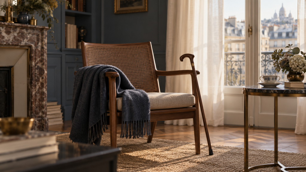 Fauteuil, plaid et canne près d’une fenêtre, lumière du matin