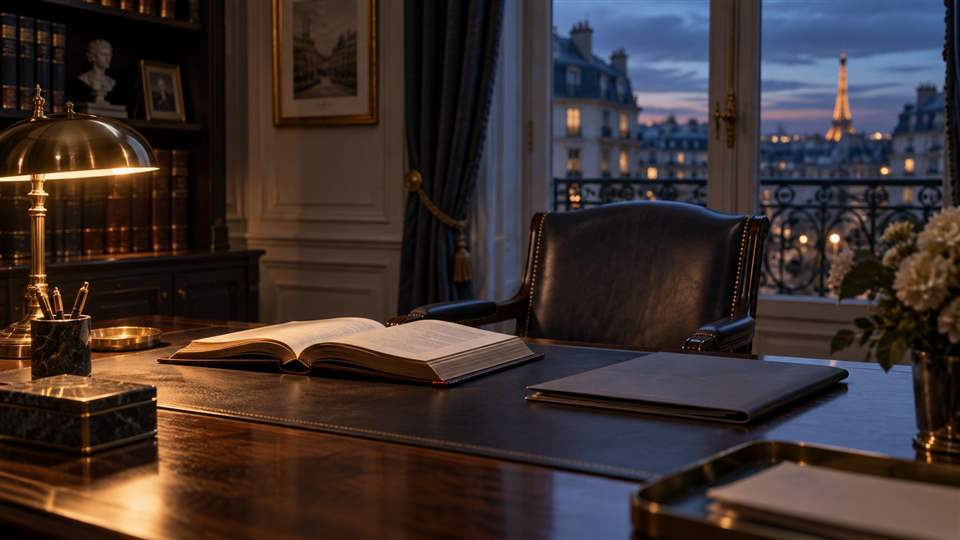 Fauteuil vide, livre ouvert et dossier sur un bureau de cabinet au crépuscule.