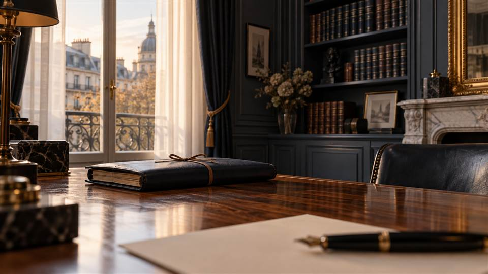 Dossier fermé et stylo plume sur un bureau de cabinet d'avocats parisien
