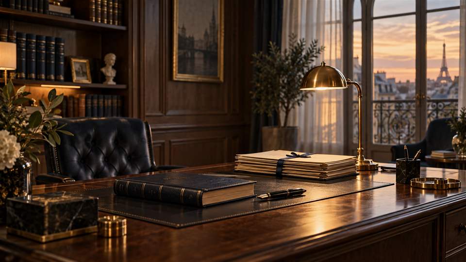 Bureau de cabinet parisien avec dossiers et stylo, éclairé par une lampe et la lumière du soir.