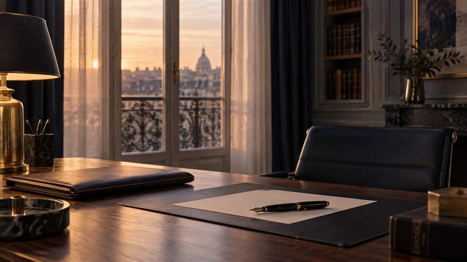 Dossier de cuir fermé et stylo posé sur une feuille blanche dans un cabinet parisien.