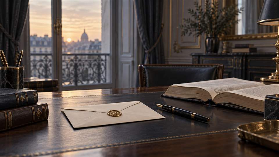 Enveloppe fermée, livre de droit et stylo sur un bureau éclairé par une fenêtre.