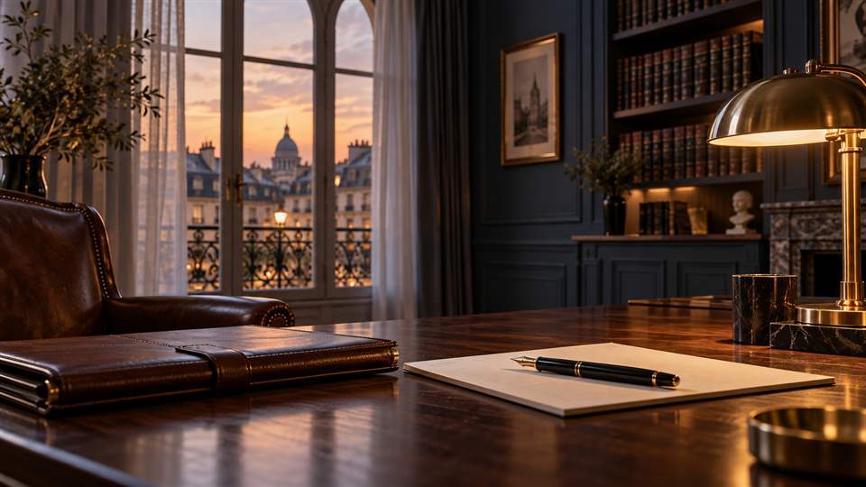 Dossier de cuir fermé et stylo sur un bureau de cabinet parisien éclairé au crépuscule.