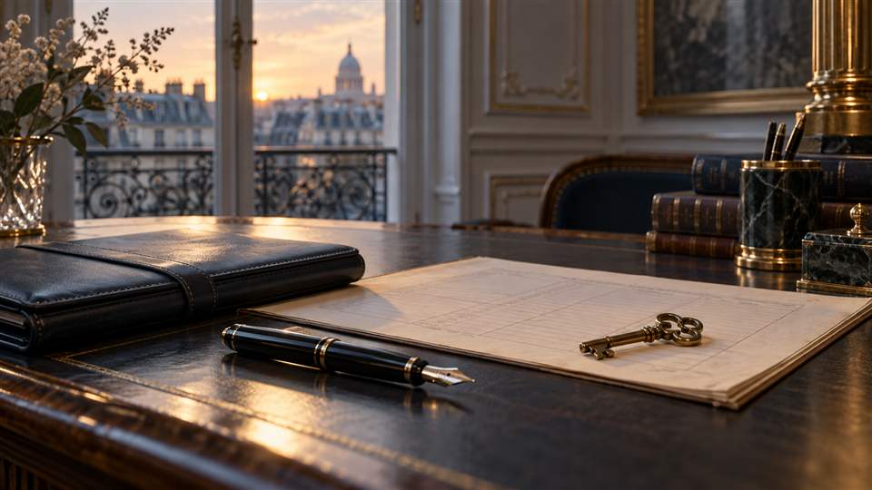 Clé ancienne sur un registre de succession, avec dossier et stylo sur un bureau.