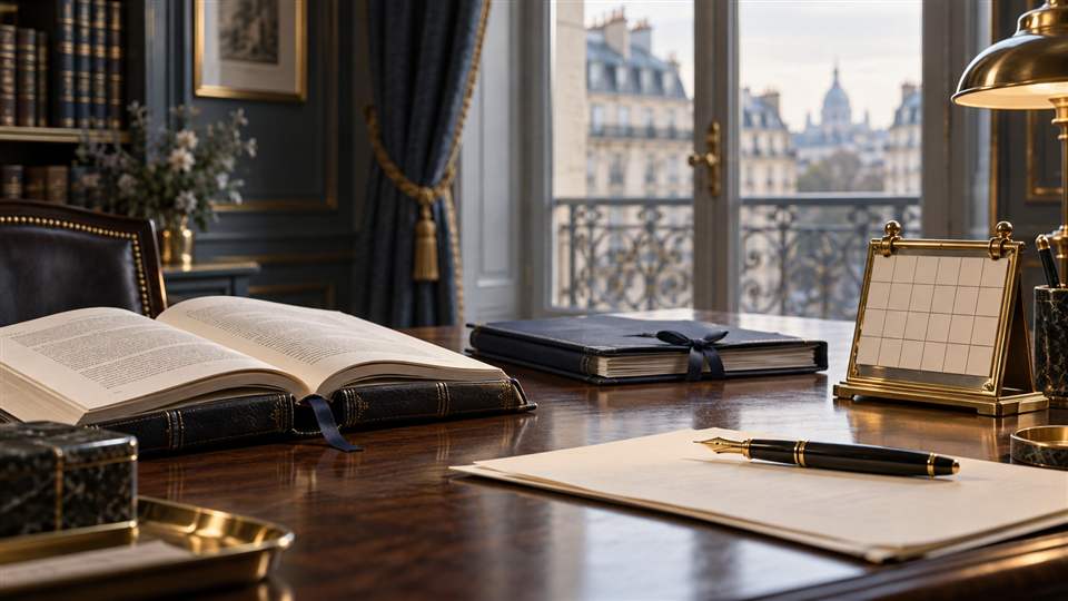 Calendrier sans chiffres, dossier et stylo sur le bureau d’un cabinet parisien.
