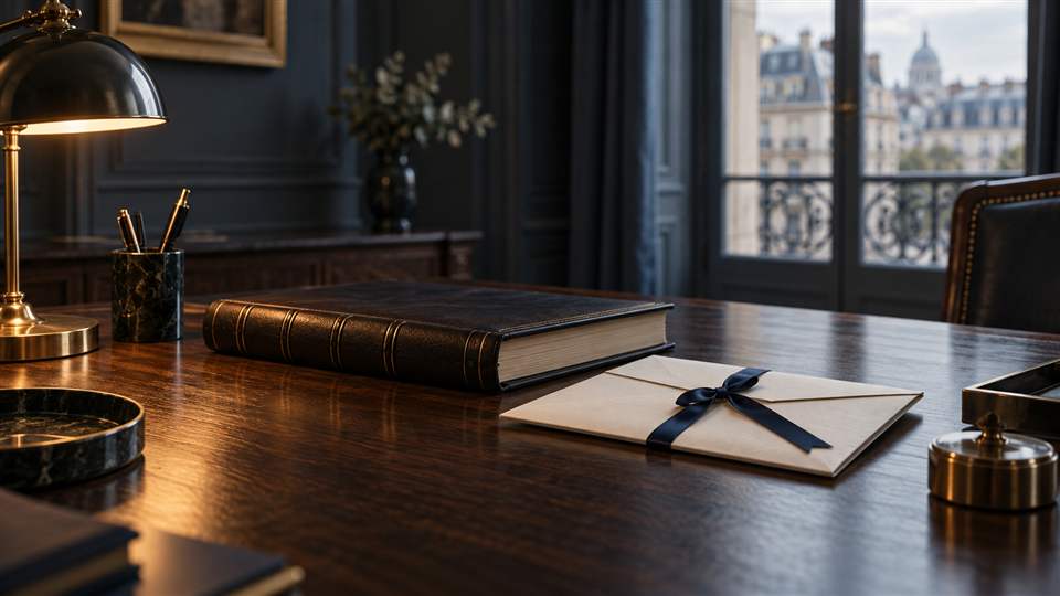 Livre fermé et enveloppe nouée d’un ruban sur un bureau de cabinet.