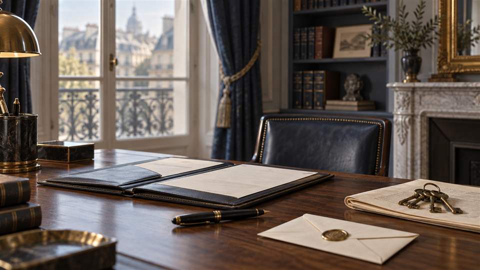 Clés anciennes, dossier ouvert et enveloppe sur le bureau d’un cabinet parisien.